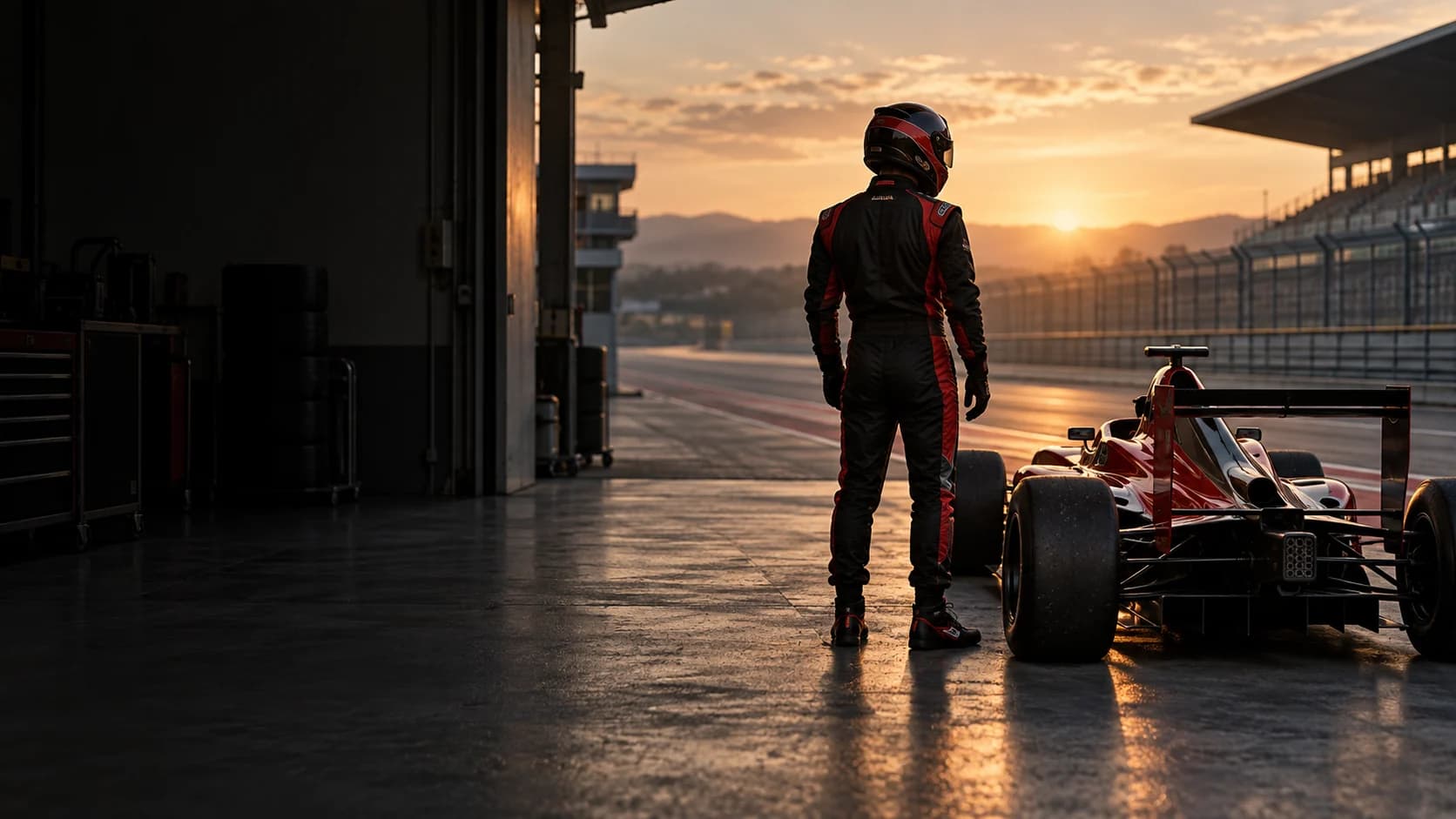 Piloto y monoplaza en boxes al amanecer